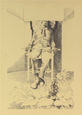 Luigi Biffi, Figura maschile seduta, 1973, litografia su carta, cm. 50x70,...