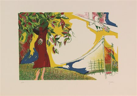 Antonietta Viganone, Figura femminile in un paesaggio, 1980, litografia su...