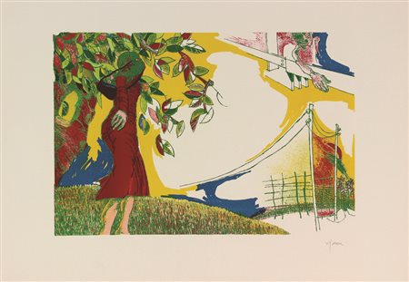 Antonietta Viganone, Figura femminile in un paesaggio, 1980, litografia su...