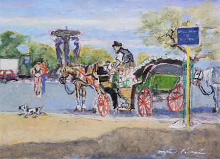 Walter Piacesi, Estate a Cattolica con Vetturali in Attesa, olio su tavola,...