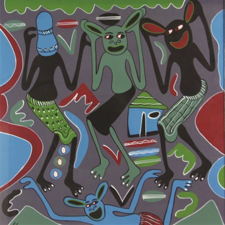 George Lilanga, Mbona Unajifi Sha, 1999, olio su tavola, cm. 61x61, firmato...