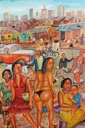 Leonard Ngure "Lonaa", Senza titolo, acrilico su tela, cm. 89x58, firmato in...