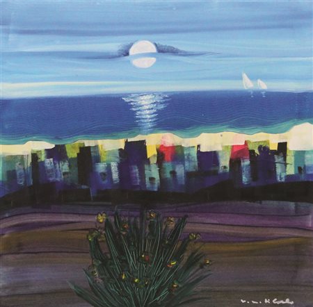 Vittorio Maria Di Carlo, Full moon, olio e collage su tela, cm. 50x50,...