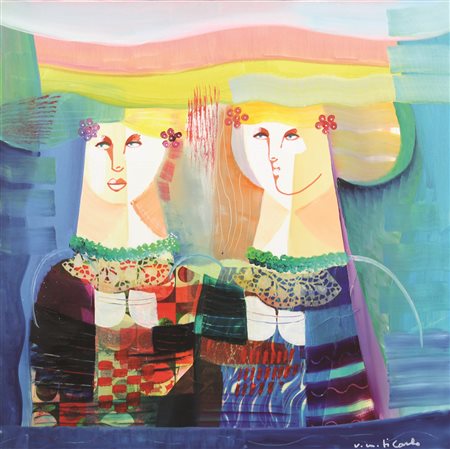 Vittorio Maria Di Carlo, Le Amiche, olio e collage su tela, cm. 70x70,...