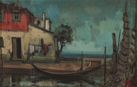Giampiero Maggi, Barche a Burano, olio su tela, cm. 20x30, firmato e...