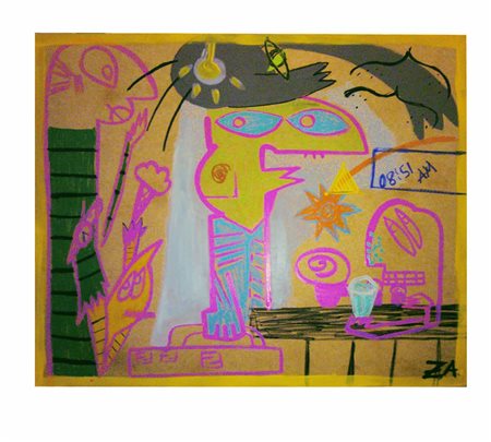 Alan Zeni Lodi 1979 colazione col gatto mista su mdf 100x120 Certificato di...