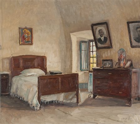 GIUSEPPE MALAGODI (Cento 1890 - Roma 1968) Interno, 1945 Olio su tavoletta,...