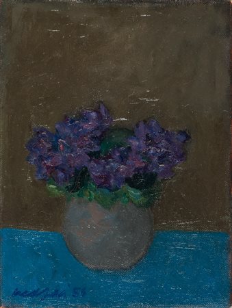 MARIO MAFAI (Roma 1902 - 1965) Vaso con violette, 1958 Olio su tela, cm. 40 x...