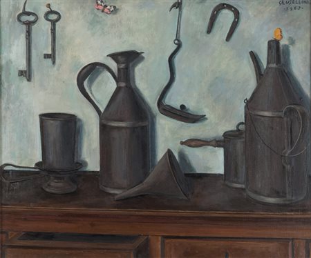 GIANFILIPPO USELLINI (Milano 1903 - Arona 1971) Oggetti sul tavolo, 1963 Olio...