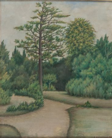 RICCARDO FRANCALANCIA (Assisi 1886 - Roma 1965) Viale nel giardino, 1953 Olio...