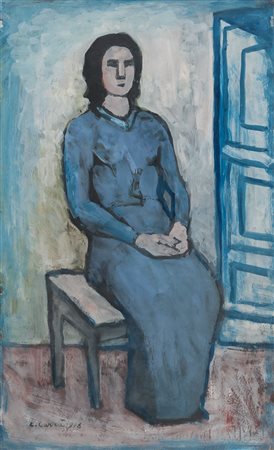 CARLO CARRÀ (Quargnento 1881- Milano 1966) Figura seduta, 1948 Tecnica mista...