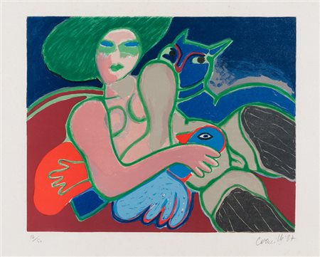 CORNEILLE (Lieg 1922- Auvers-sur-Oise 2010) Nudo con gatto e uccello, 1987...