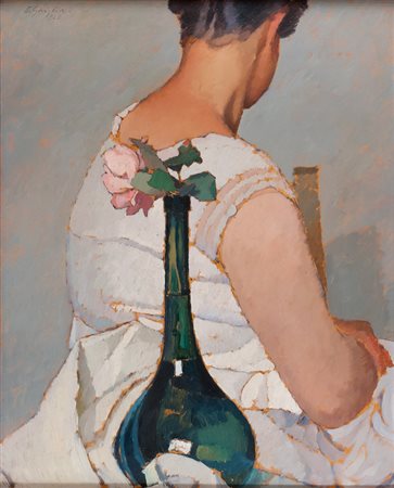 OSCAR GHIGLIA (Livorno 1876 - Firenze 1945) Ragazza con vaso di fiori, 1923...