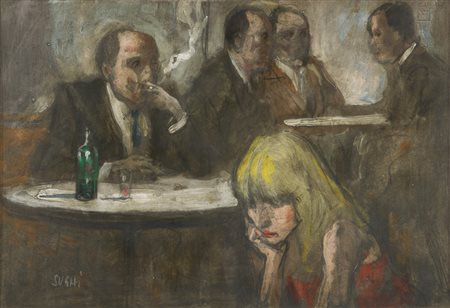 ALBERTO SUGHI (Cesena 1928 - Bologna 2012) Al Bar, 1985 Tecnica mista su...