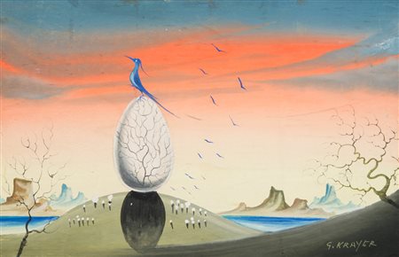 GINO KRAYER (Venezia 1906 - ?) Paesaggio surrealista, anni '50 Tempera su...