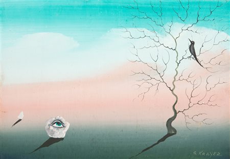 GINO KRAYER (Venezia 1906 - ?) Paesaggio surrealista, anni '50 Tempera su...