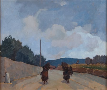 BEPPE GUZZI (Genova 1902 - Roma 1982) Strada, 1925 Olio su tela, cm. 50,5 x...