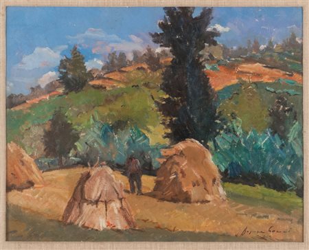 BEPPE GUZZI (Genova 1902 - Roma 1982) Covoni, 1944 Olio su tavoletta, cm....