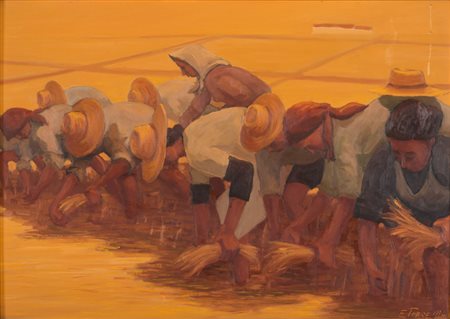 EDOARDO TORRE (Genova 1930) Le mondine, 1974 Olio su tela, cm. 50 x 70 Firma...