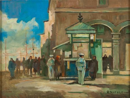 RENATO NATALI (Livorno 1883 - 1979) Personaggi al porto Olio su tavola, cm....