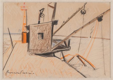 BEPPE GUZZI (Genova 1902 - Roma 1982) Porto della pesca Matite colorate su...