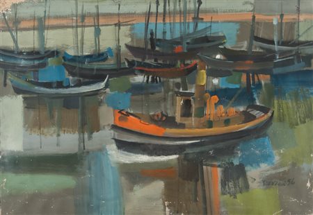 AMEDEO RENZINI (Venezia - 1917-1995) Barche, 1956 Tempera su tela, cm. 77,5 x...