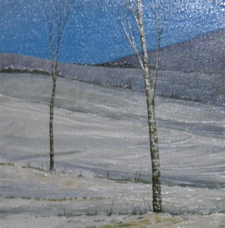 GRASSI FABIO GIORNI DI NEVE OLIO SU TAVOLA cm 21 x 21 Firma e titolo al retro...