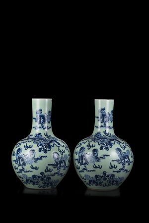 Coppia di vasi a bottiglia decorati con nove leoni buddhisti in rilievo di...