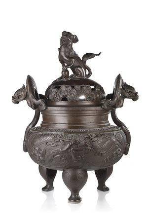 Bruciaincenso in bronzo tripode con coperchio, riccamente decorato con draghi...