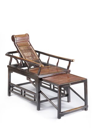 Chaise longue in bambù e legno ebanizzato con schienale reclinabile e seduta...