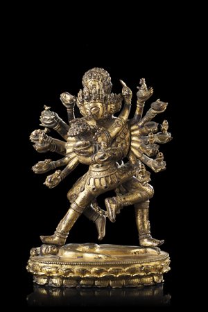 Scultura in bronzo dorato raffigurante Chakrasamvara and Vajrayogini, strette...