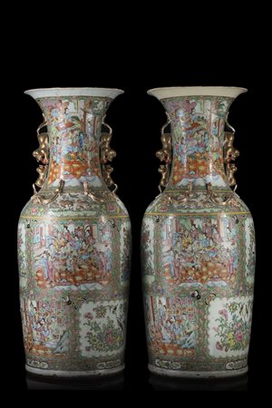 Coppia di grandi vasi a balustro in porcellana Famiglia Rosa cantonese, con...