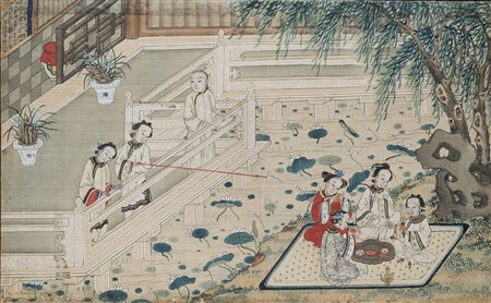 Due dipinti raffiguranti scene di vita quotidiana, inchiostro e colore su...