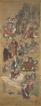 Dipinto raffigurante i "Diciotto Luohan", accompagnati da servitori, creature...