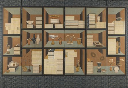 Paravento a sei ante decorato con oggetti preziosi in una scena d'interno,...