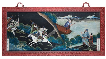 Coppia di verre peint rettangolari, raffiguranti figure e guerrieri in...