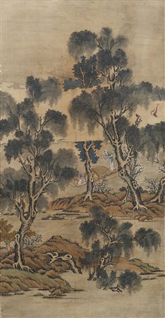 Grande dipinto raffigurante coppia di pescatori su una barca in un fiume...