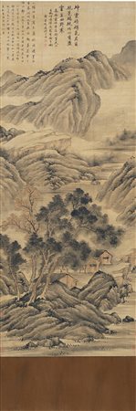 Dipinto raffigurante un paesaggio montano con alberi e padiglioni, con...