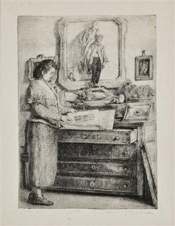 BARBISAN GIOVANNI Treviso 1914 - 1988 Donna che guarda delle stampe 1952...