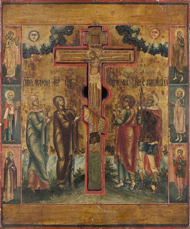 Icona ad olio su tavola raffigurante Cristo crocefisso e Santi. Croce...