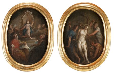 Maestro veneto del secolo XVIII "Scene dal Nuovo Testamento" coppia di oli su...
