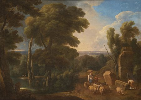 "Paesaggio con contadina" olio su tela (cm 59,5x82,5) In cornice (difetti)...