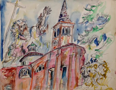 Piero Gauli "Chiesa di San Barnaba-Milano" 1981 Tecnica mista su cartoncino...