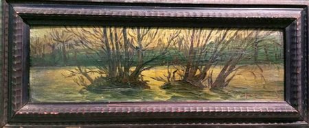 Nanni Del Mastro "Il Po in piena presso Sassi" 1937 cm 15x47 olio su tavola