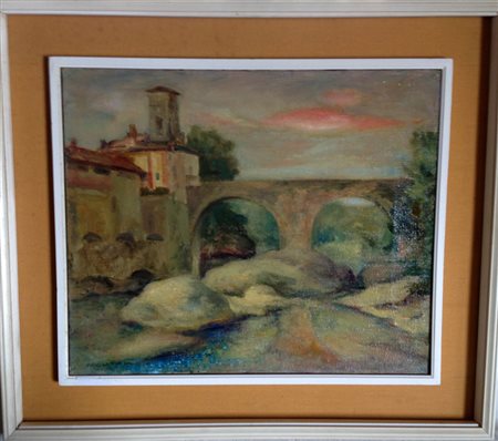 Fioravante Arioli "Ponte sull'Oglio" Olio su tela cm 50x60 Autentica Galleria...