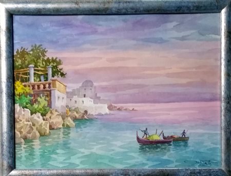 Giovanni Ospitali "Rientro al tramonto" Acquerello su cartoncino cm 30x40...