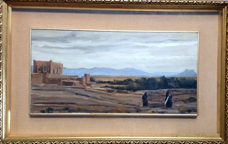Piero Monti (attribuito) "La Kasba di Erfoud" 1963 Olio su tavola cm 20x40