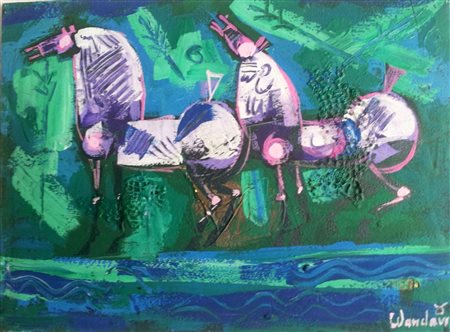 Wandavi "Cavalli" Tecnica mista su tavola cm 30x40 - Firma in basso a dx