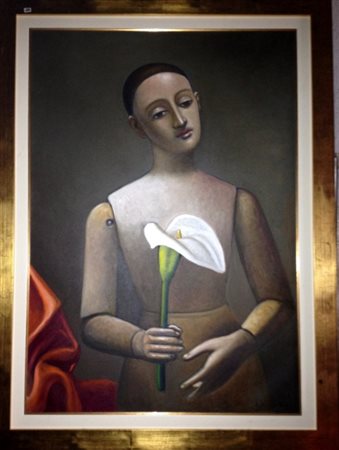 Antonio Sciacca "Madonna lignea" Olio su tela cm 100x70 opera ben...