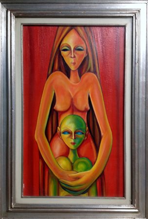Gianbar "Maternità" olio su tela incollata su tavola cm 75,5x45 opera...
